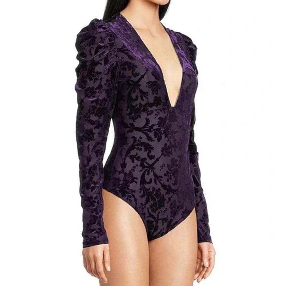 NWT Magic Hour Velvet Deep V-Neck Puffed Sleeve Bodysuit